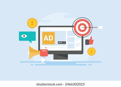 Video advertising on social media channel, Video ad creative getting more audience reaction, likes, comments, target audience, brand promotion strategy - vector illustration with icons