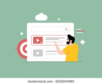 Video advertising in search results with user interaction, targeted ads and pay per click interface. Video marketing campaign and precision ad placement strategy. Flat vector illustration