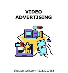 Video Advertising Vector Icon Concept. Camera Electronic Device For Making Video Advertising And Watching Promotional Clip On Laptop Screen Or Smartphone Display Color Illustration