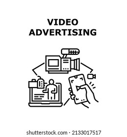 Video Advertising Vector Icon Concept. Camera Electronic Device For Making Video Advertising And Watching Promotional Clip On Laptop Screen Or Smartphone Display Black Illustration