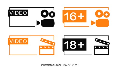 Video and age rating banners with camera and clapper icons. Minimalistic design