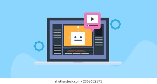 Video AI software, AI software creating videos, AI driven video editing application on laptop - vector illustration with icons