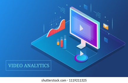 Video Analysis, Marketing Data Analytics, Video Marketing - 3D Isometric Design Conceptual Banner