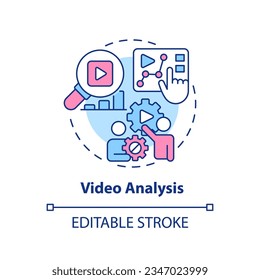 Icono de concepto multicolor para análisis de vídeo. Aprende de los demás. Información empresarial. Evaluación del desempeño. Sesión de entrenamiento. Ilustración de línea de forma redonda. Idea abstracta. Diseño gráfico. Fácil de usar