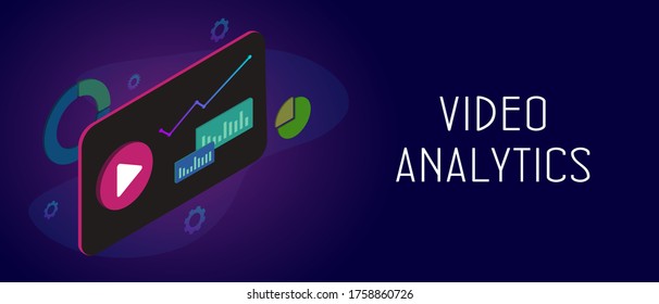 Video Analytics with chart and graph icons. Data analysis with youtube media marketing isometric modern vector concept. Video play button and metrics analysis tool. Header and footer vector banner.