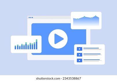 Video Analytics concept. Digital video marketing and advertising statistics with suggested video,   Targeting programmatic advertising stats, vast tags, Shoppable Videos, online media strategy