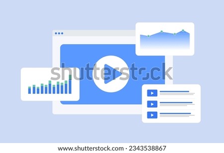 Video Analytics concept. Digital video marketing and advertising statistics with suggested video,   Targeting programmatic advertising stats, vast tags, Shoppable Videos, online media strategy