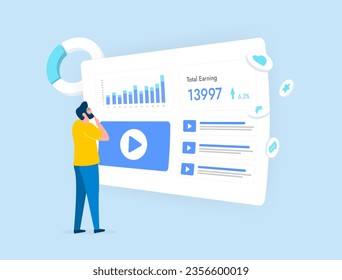 Video Analytics dashboard. Statistician and statistic concept. Number of video views, top videos, total money earned, audience engagement. Vector illustration isolated on white background with icons