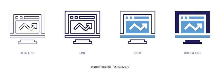 Video analytics icon in 4 different styles. Thin Line, Line, Bold, and Bold Line. Duotone style. Editable stroke.