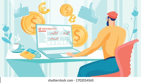 Video Analytics Illustrated with Graph. Young Man Studying Statistical Information on Computer Screen to Be Able to Pattern His Behavior on Popular Sharing Platform and Scale Up Earning on Blog.