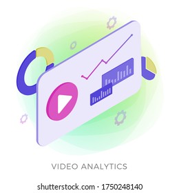 Video Analytics isometric modern vector icon. Marketing data analysis with media marketing concept. Window with video and play button, around metric, chart and graph icons isolated on white background