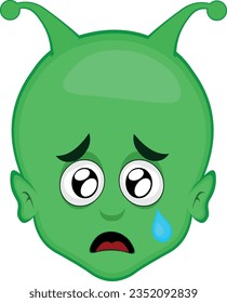 video animation face alien extraterrestrial cartoon, with a sad expression, watery eyes and a tear falling