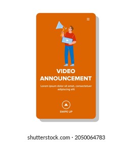 Video-Ankündigung Vorstellung Manager Boy Vector. Blogger- oder Marketerwerbung mit Lautsprecher-Video-Ankündigung in sozialen Medien. Web-Illustration für Zeichentrickfilm, professionelle Berufe