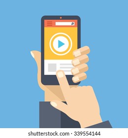 Video app on smartphone screen. Watch and share digital content. Hand holds smartphone, finger touch screen. Modern concept for web banners, web sites, infographics. Flat design vector illustration