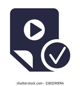Video app with tick mark glyph icon. Media player checking monochrome vector isolated pictogram