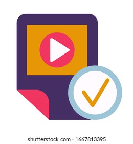 Video app with tick mark glyph icon. Media player checking flat vector isolated pictogram