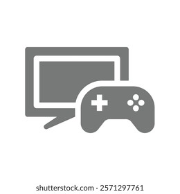 Video, arcade and computer game vector icon. Tv or computer screen display and joystick.