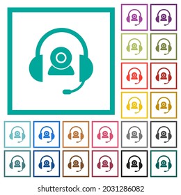 Video assistance solid flat color icons with quadrant frames on white background
