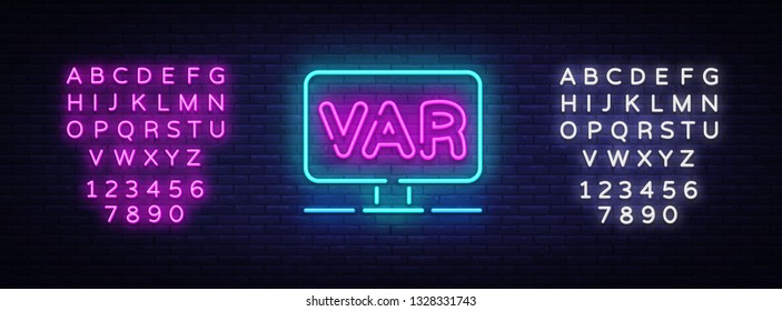 Video Assistant Referee neon sign vector. Soccer, football VAR System on the TV screen Design template neon sign, light banner, neon signboard, light inscription. Vector. Editing text neon sign