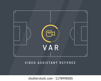 Video Assistant Referee. Soccer / football VAR System on the TV screen. Trendy flat vector on dark background.