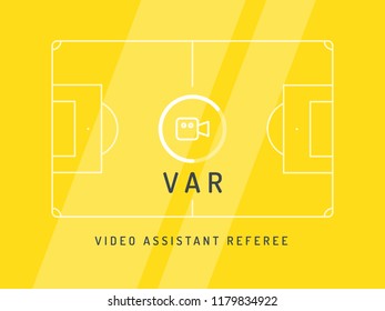 Video Assistant Referee. Soccer / Football VAR System On The TV Screen. Trendy Flat Vector On Yellow Background.