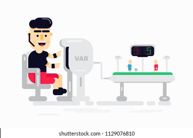 Video Assistant Referee Vector Illustration. Football, Soccer VAR System with Referee, players, ball, Football Stadium and camera system Illustration.