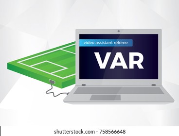 Video Assistant Referee Vector Illustration. Football, Soccer VAR System with Computer and Football Pitch Illustration.