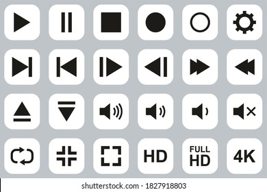 Video & Audio & Camera Button Icons Black & White Flat Design Set Big