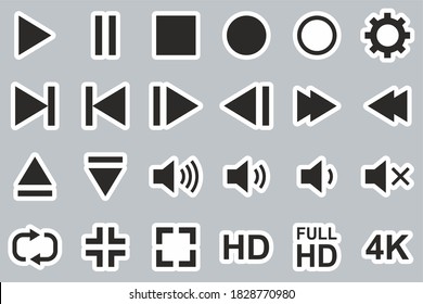 Video & Audio & Camera Button Icons Black & White Sticker Set Big