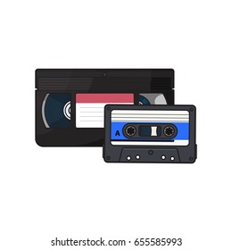 Video and audio cassettes, VHS and audiotape from 90s, sketch vector illustration isolated on white background. Front view of video and audio tape, cassette with empty label sticker from 90s