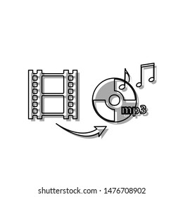 Video to audio converter sign. Black line icon with gray shifted flat filled icon on white background. Illustration. svg