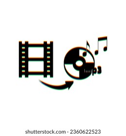 Video to audio converter sign. Black Icon with vertical effect of color edge aberration at white background. Illustration.