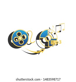 Video to audio converter sign. Blue icon with gold contour with dark gray shadow at white background. Illustration.