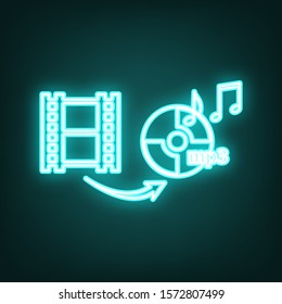 Video to audio converter sign. Cyan neon icon in the dark. Bluring. Luminescence. Illustration.