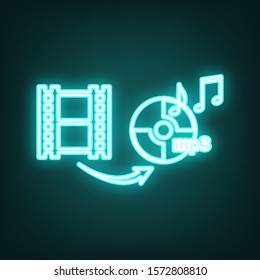 Video to audio converter sign. Cyan neon icon in the dark. Bluring. Luminescence. Illustration.