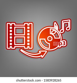 Video to audio converter sign. Flat red icon with linear white icon with gray shadow at grayish background. Illustration.