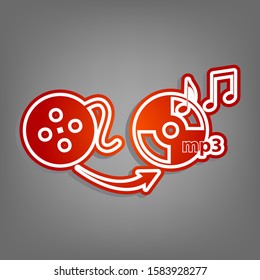 Video to audio converter sign. Flat red icon with linear white icon with gray shadow at grayish background. Illustration.