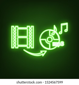 Video to audio converter sign. Green neon icon in the dark. Blurred lightening. Illustration.