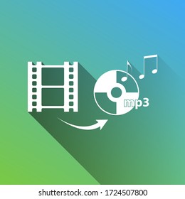 Video to audio converter sign. White Icon with gray dropped limitless shadow on green to blue background. Illustration.