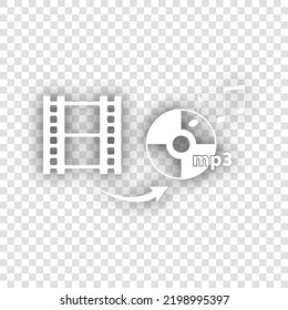 Video to audio converter sign. White Icon with dropped natural gray Shadow at transparent Background. Illustration.