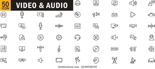 Video and audio editable outline icon set. Microphone, music, speaker, podcast, broadcast and more.
