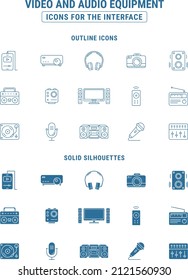 Video and Audio equipment Icons set - Vector outline symbols and silhouettes of camera, TV, player, projector, headphones, speakers electronic device for the site or interface