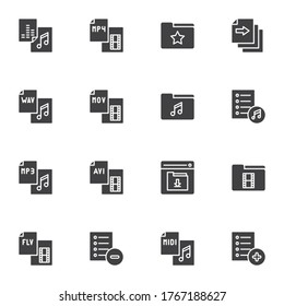 Juego de iconos vectores de archivos de vídeo y audio, colección moderna de símbolos sólidos, paquete de pictogramas estilo relleno. Señales, ilustración del logotipo. Set incluye iconos como carpeta de galería de música, formato avi, mp3, wav, lista de reproducción
