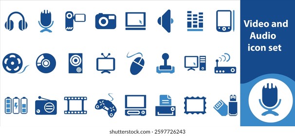Video and audio icon set, logo, communication, music, badge, internet, object, megaphone, game, concept, computer, speak, digital, art, business, cartoon, retro, headphones, and more