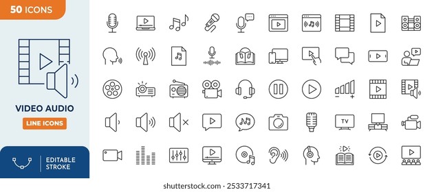 Video Conjunto de iconos editables de línea de audio. Video Paquete de iconos de audio	
