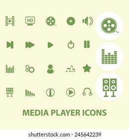 video, audio, music, media player web icons, signs, illustration isolated on background set, vector