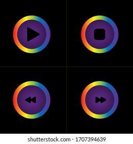 Video, audio player buttons in a black background. Rainbow colors.  Colorful vector illustration. Set of four icons.