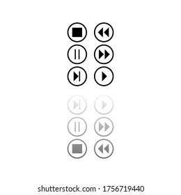 Video Audio Player buttons. Black symbol on white background. Simple illustration. Flat Vector Icon. Mirror Reflection Shadow. Can be used in logo, web, mobile and UI UX project