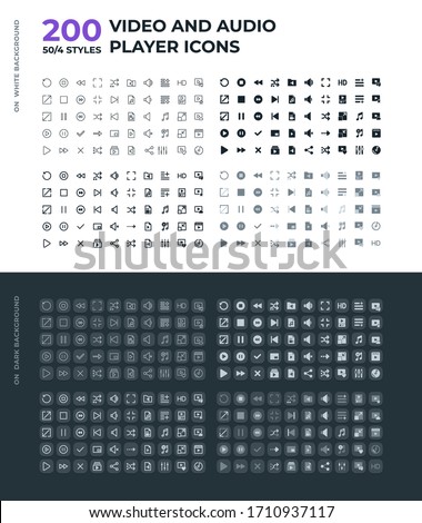 Video and audio player interface line and flat icons set for web and apps.