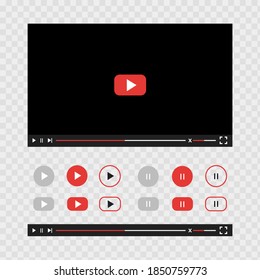 Video and audio player interface template with set buttons. Vector flat illustrations. Play or stop video. Design player for websites and mobile apps isolated on white background.